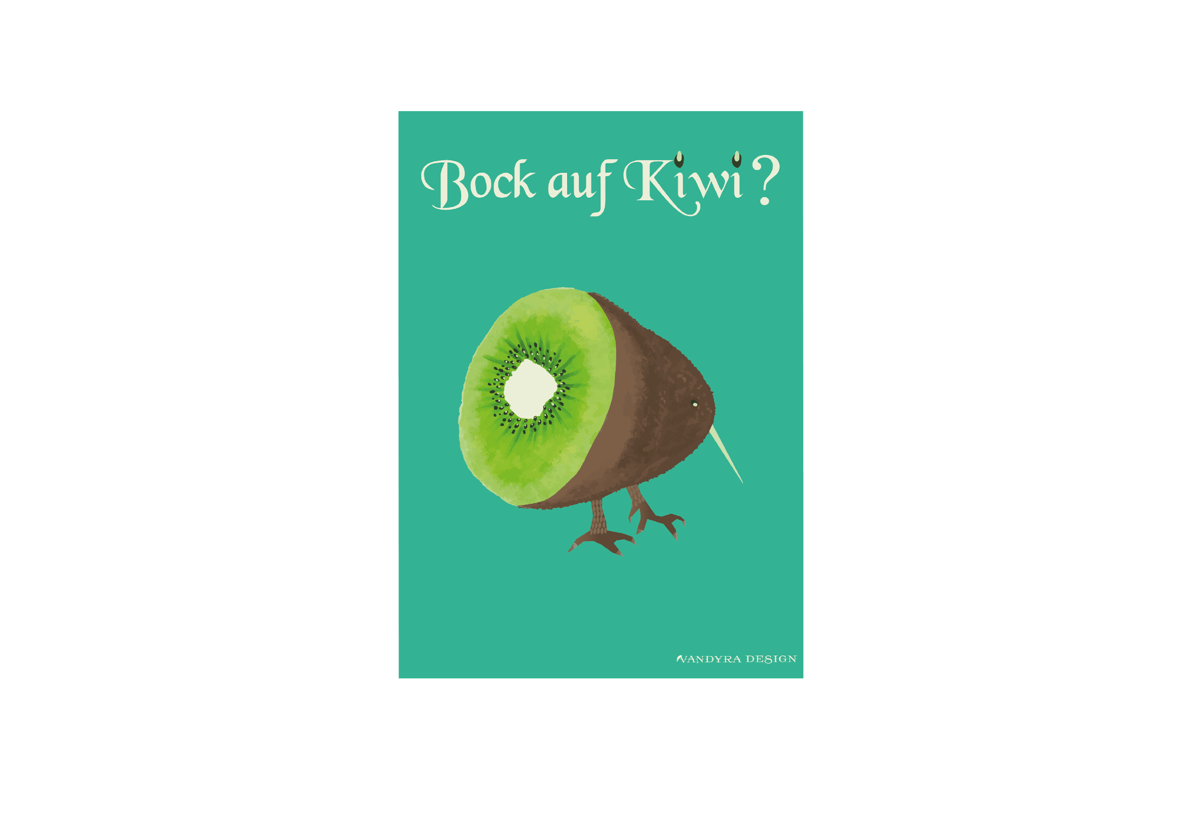 Postkarte mit der Überschrift: „Bock auf Kiwi“. Die i-Punkte der Überschrift bestehen aus den Kernen der Kiwi. Darunter ist ein Kiwivogel zu sehen. Sein Hinterteil stellt eine halbaufgeschnittene Kiwi dar, der vordere Teil besteht aus dem Körper und dem Kopf des Kiwivogels. Mintfarbener Hintergrund. Von der Designerin Vandyra Design.
