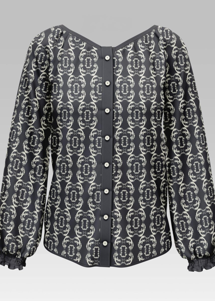 Fashiondesign von Vandyra Design. Langärmelige Bluse mit abstraktem Pinselmuster. Die Farben der Muster sind Schwarz und Off-White. Der Hintergrund ist dunkelgrau.