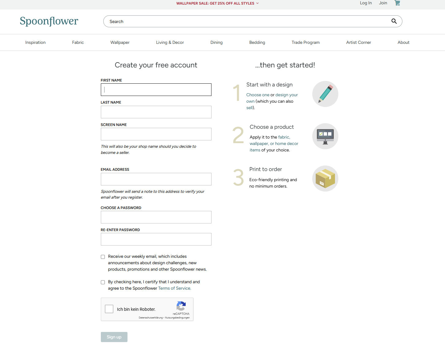 Screenshot - Create a Account bei Spoonflower