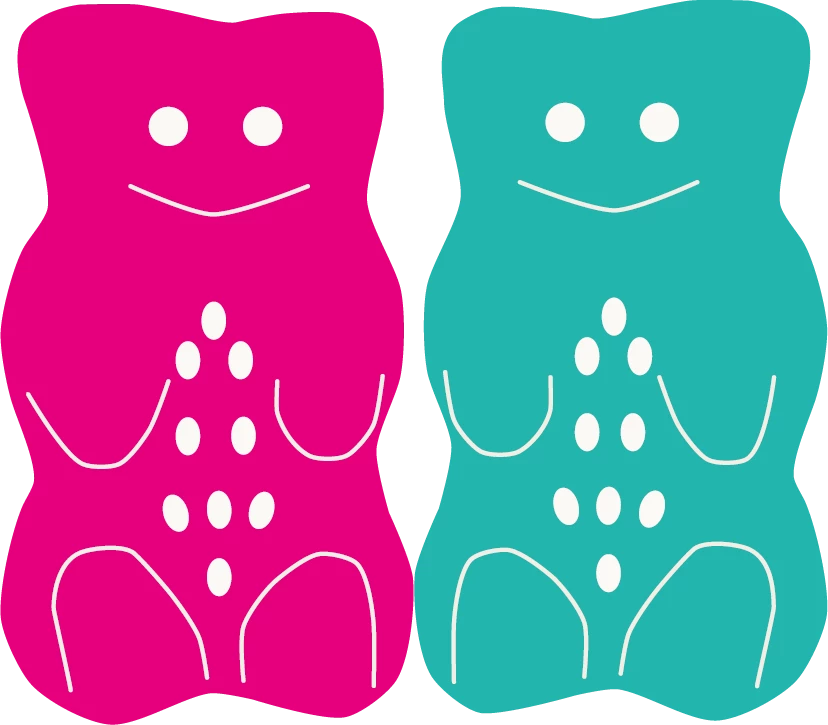 Illustration von zwei Gummibärchen in den Farben Pink und Mint.