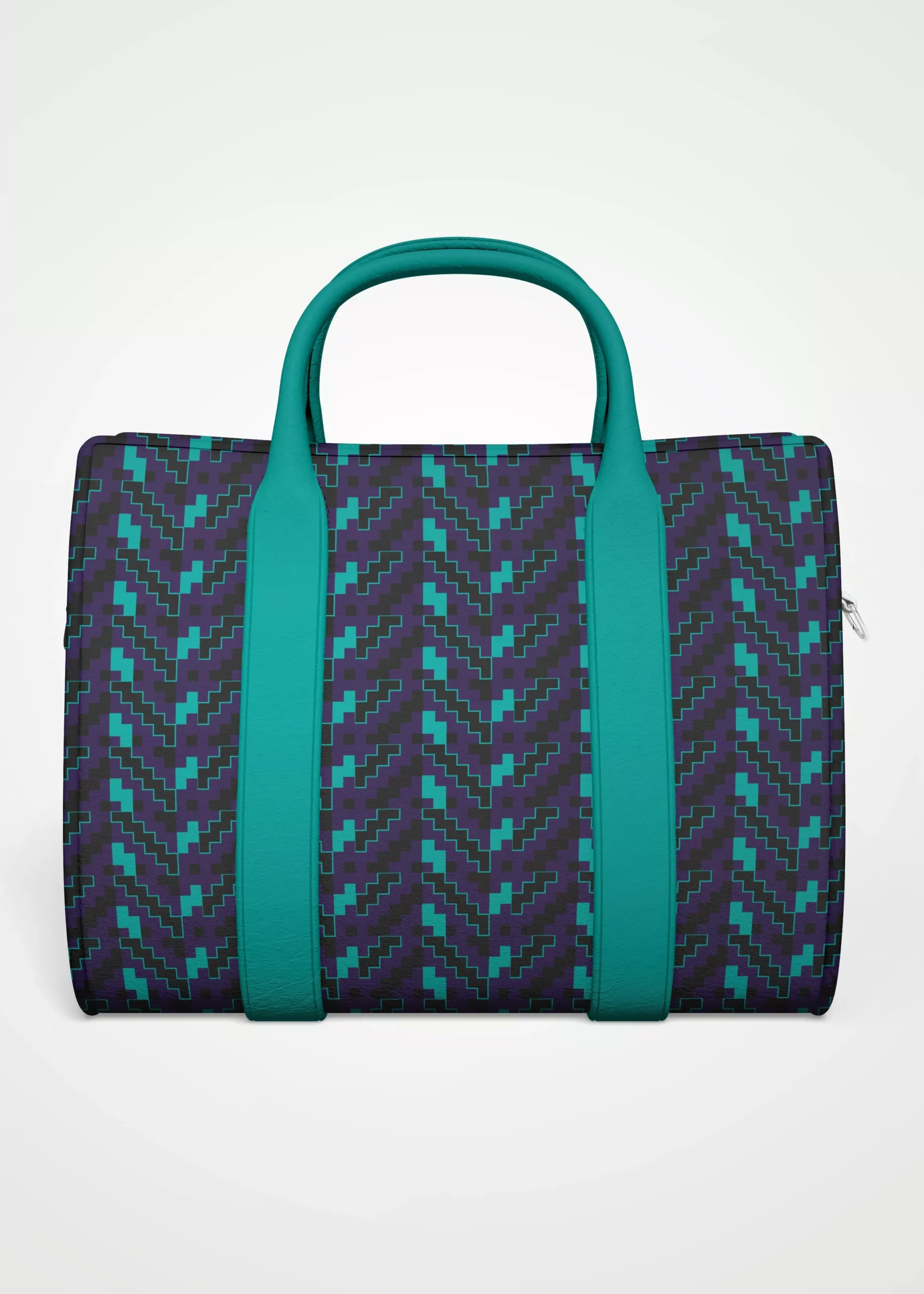 Stoffdesign von Vandyra Design. Eine Tasche mit einem geometrischen Muster welches aus Quadraten besteht in Schwarz, Lila und leuchtenden Türkis. Die Henkel der Tasche sind leuchtend Türkis und aus Kunstleder. Der Bildhintergrund ist ein helles Grau.