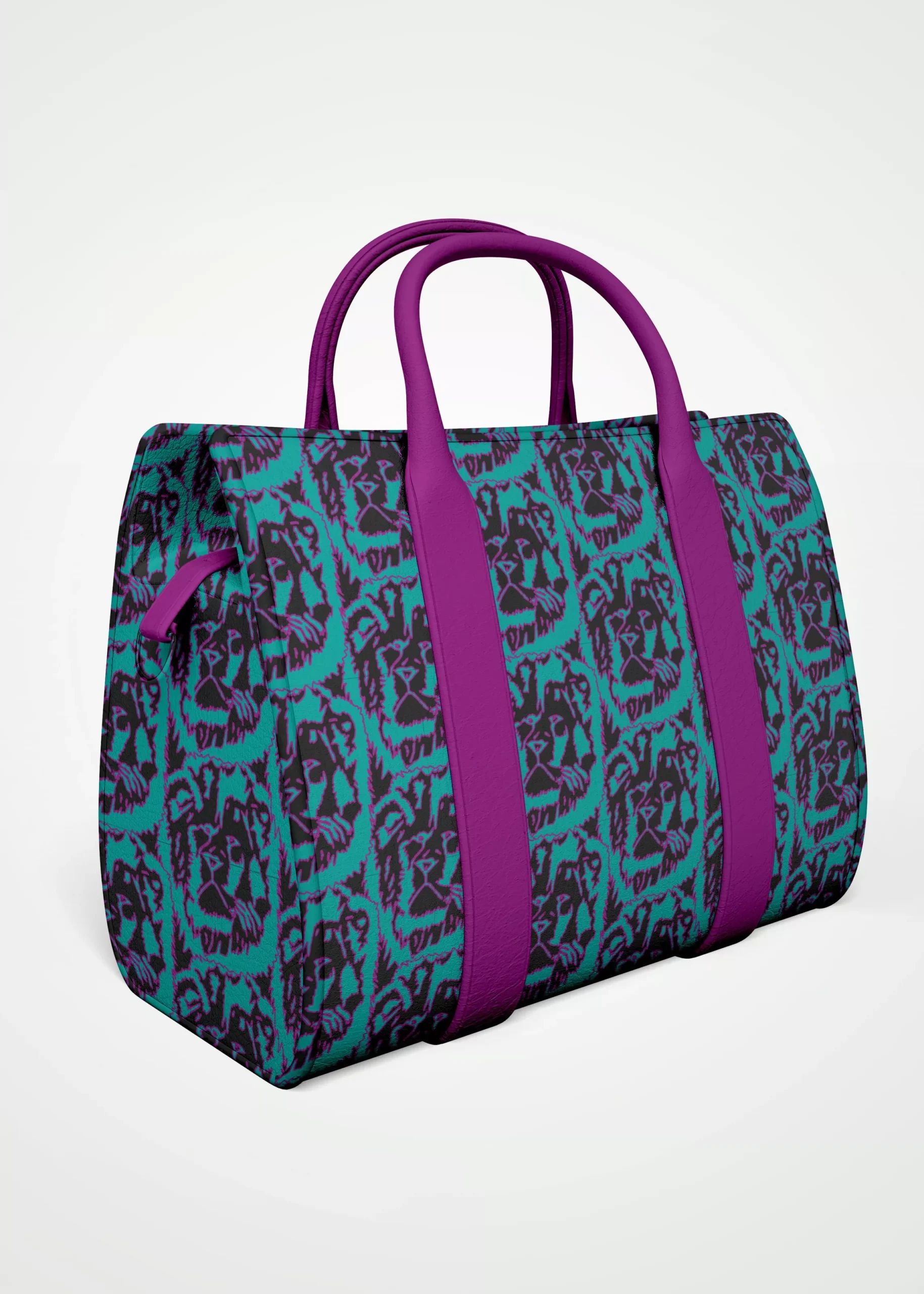 Stoffdesign von Vandyra Design. Eine Tasche mit einem handgezeichneten tierischen Löwenkopf - Muster. Die Farben sind Fuchsia und Türkis und der Hintergrundstoff ist Schwarz. Die Henkel der Tasche sind in Fuchsia und aus Kunstleder. Die Tasche wird etwas seitlich dargestellt. Der Bildhintergrund ist ein helles Grau.