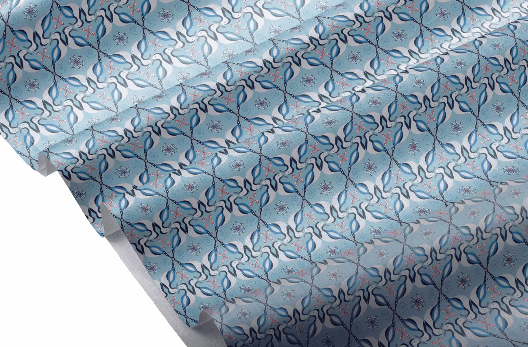 Stoffbahn mit einem Design von Vandyra Design. Möwe ist in einem versteckten floralen Muster zu sehen. Farben Rot/Weiß/und verschiedene Blautöne.