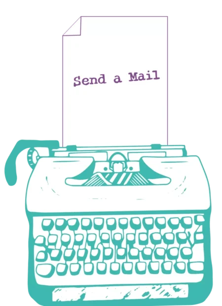 Bild einer Schreibmaschine mit einem Blatt auf dem mit Lila steht: "Send a Mail". Verwendete Farben Mint und Weißtöne.