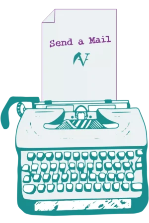 Bild einer Schreibmaschine mit einem Blatt auf dem mit Lila steht: "Send a Mail". Verwendete Farben Mint und Weißtöne.